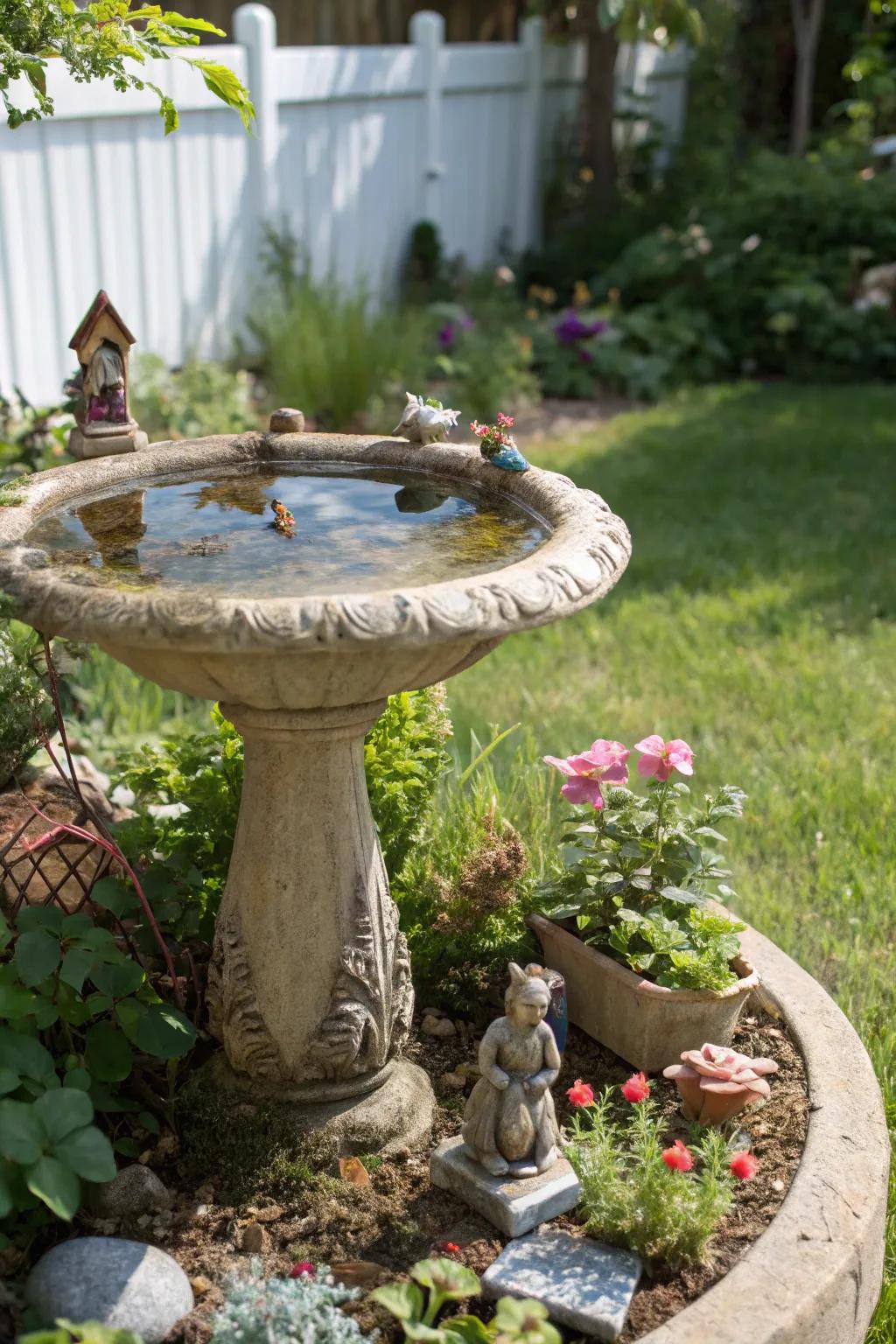 A bird bath transformed into a captivating miniature landscape.