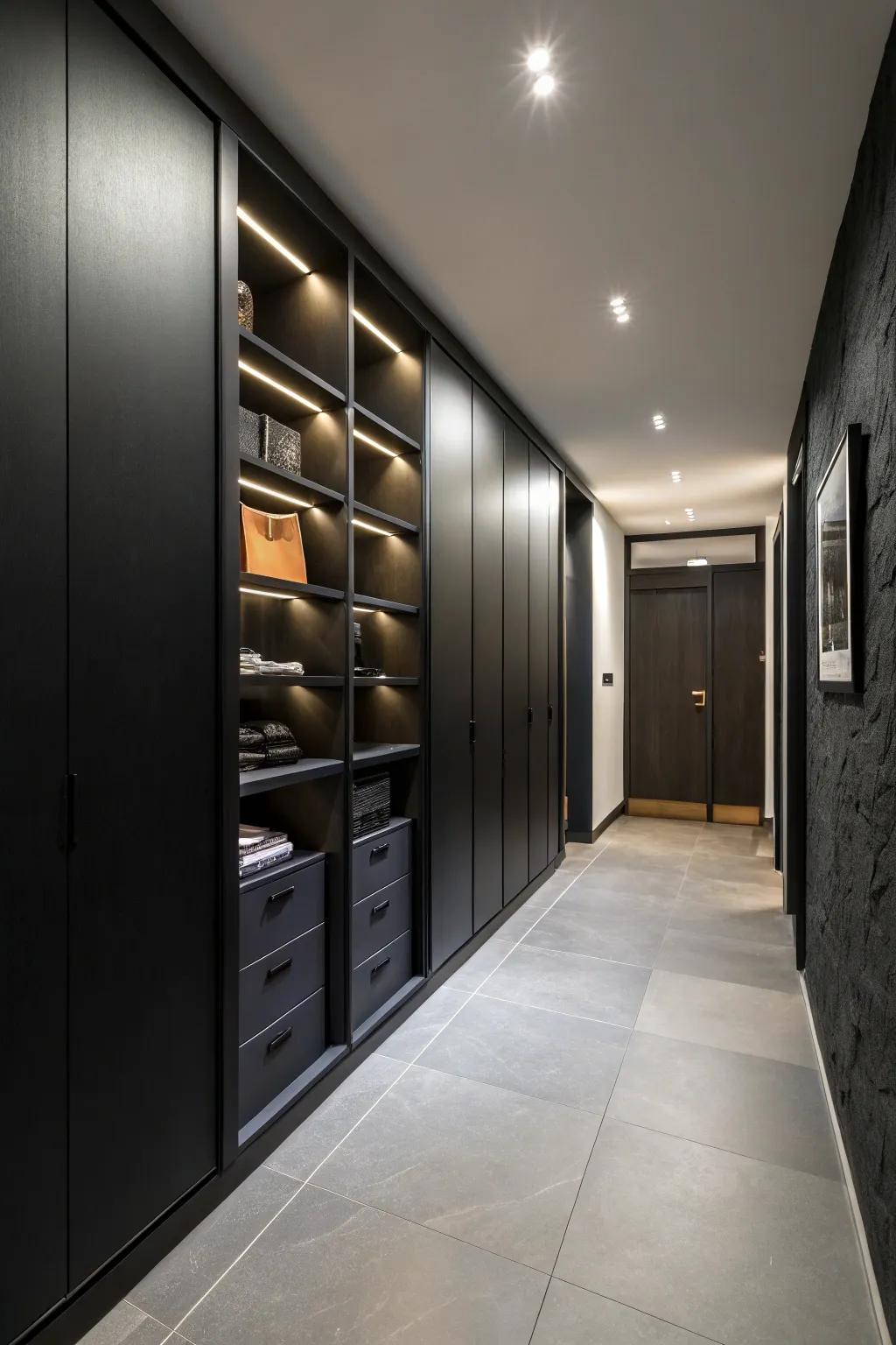 Hidden storage keeps a black hallway functional and clutter-free.