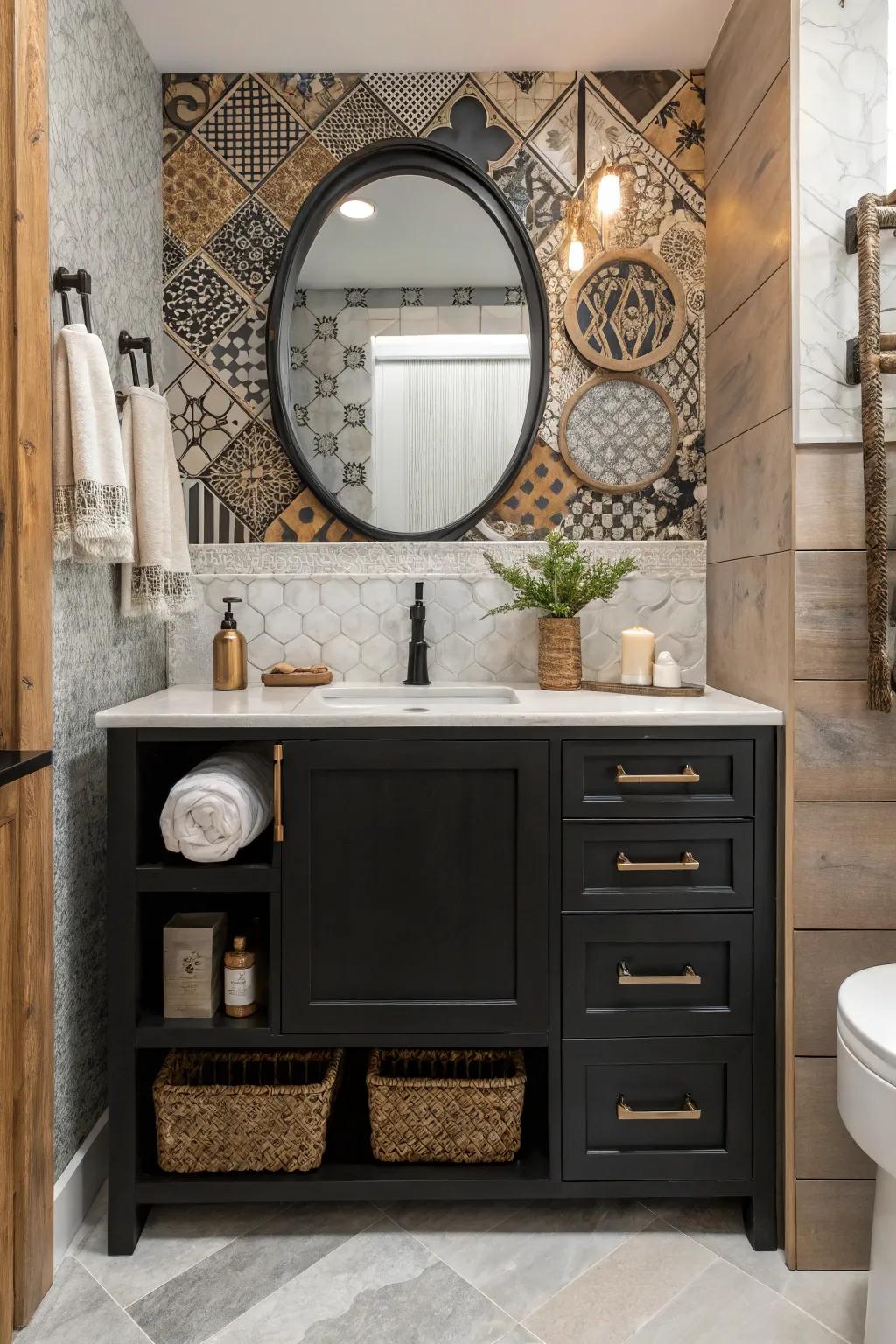 An eclectic mix of textures around a black vanity adds dimension and intrigue.