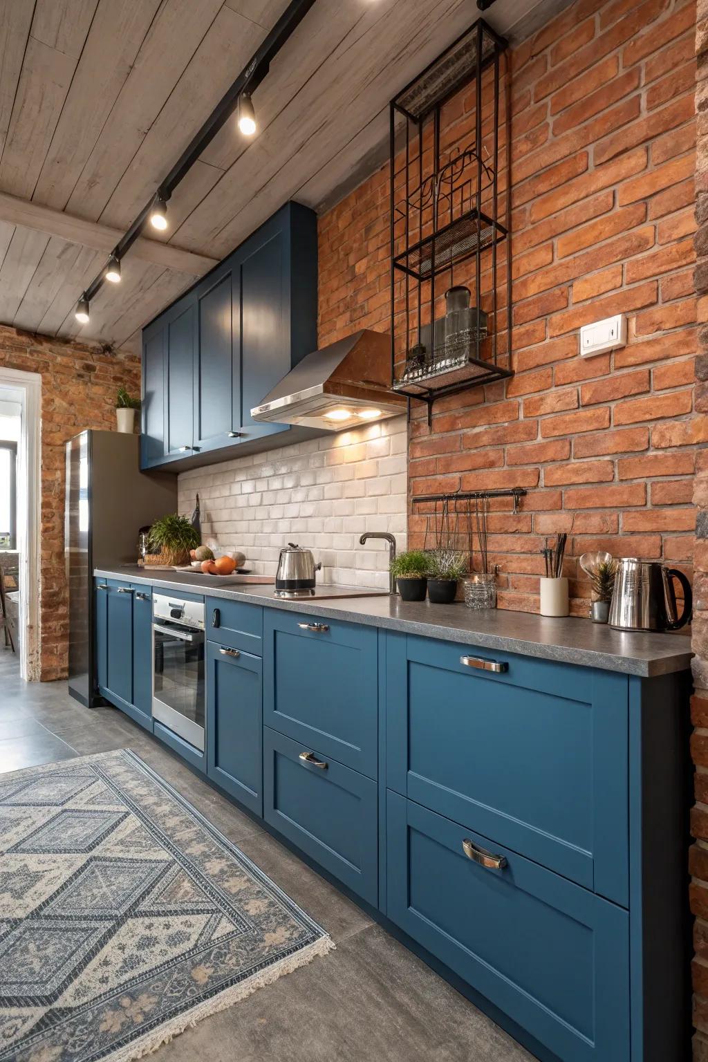 Blue cabinets with industrial elements create a unique kitchen vibe.