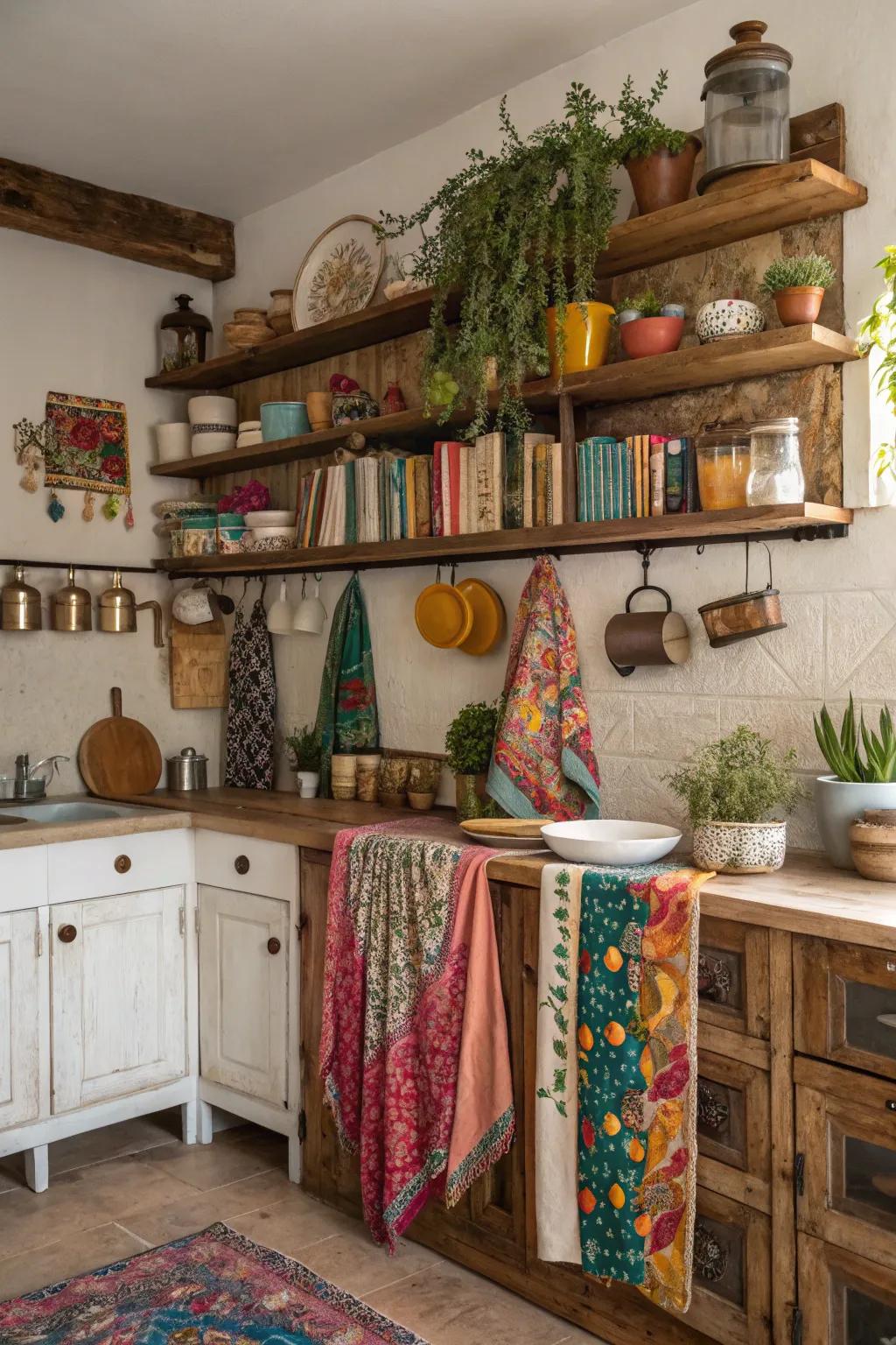 Rustic accents bring warmth to a bohemian kitchen.