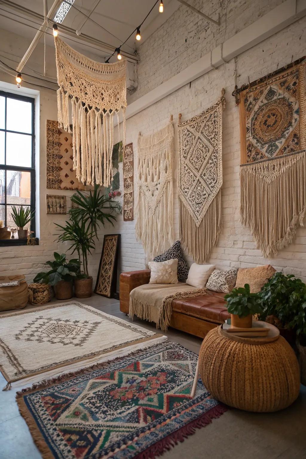 Bohemian wall hangings add texture and interest to your loft.