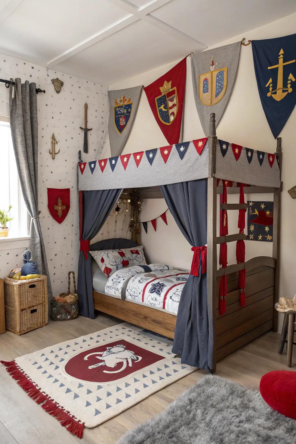 Protect the realm with this knight-themed canopy bed.