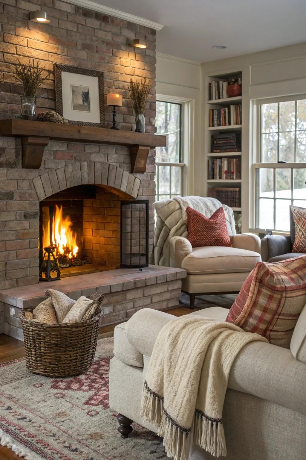 A brick hearth complemented by layered fabrics, offering a cozy retreat.