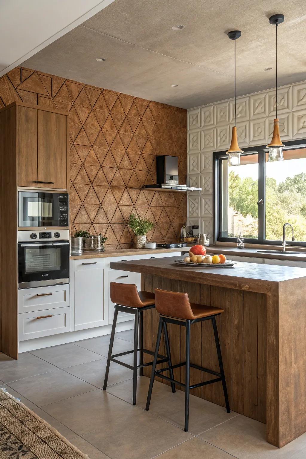 Textured wall panels in brown provide an elegant kitchen backdrop.