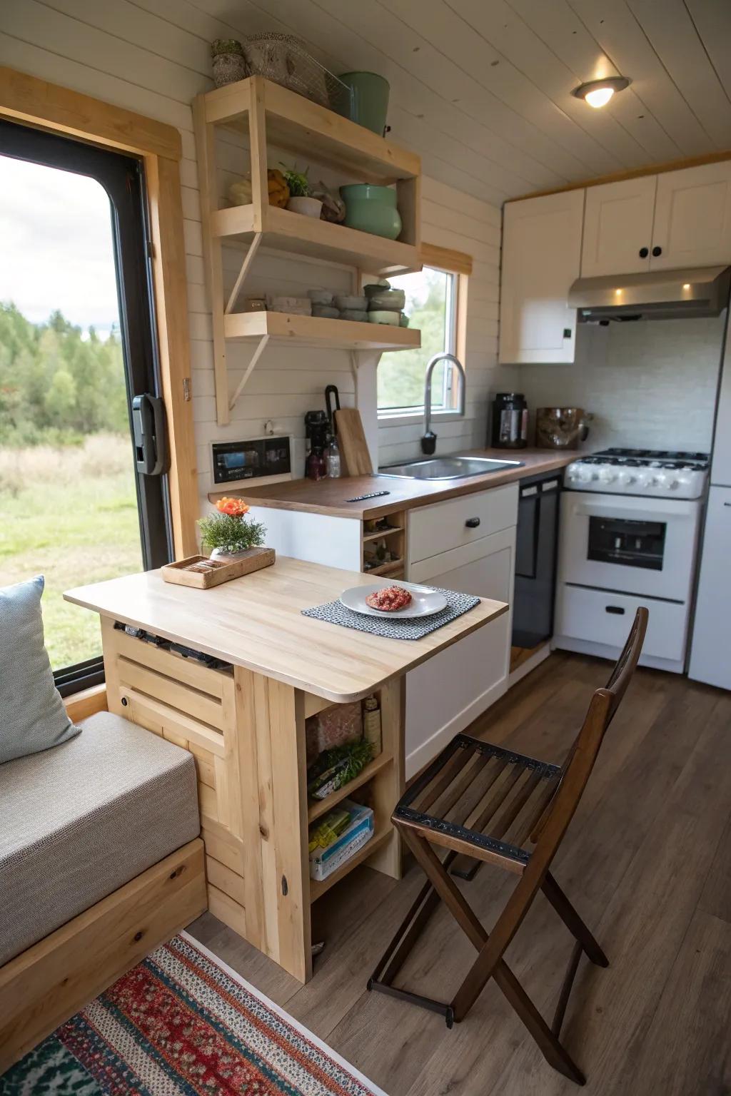 Multi-functional furniture optimizes space in this small kitchen.