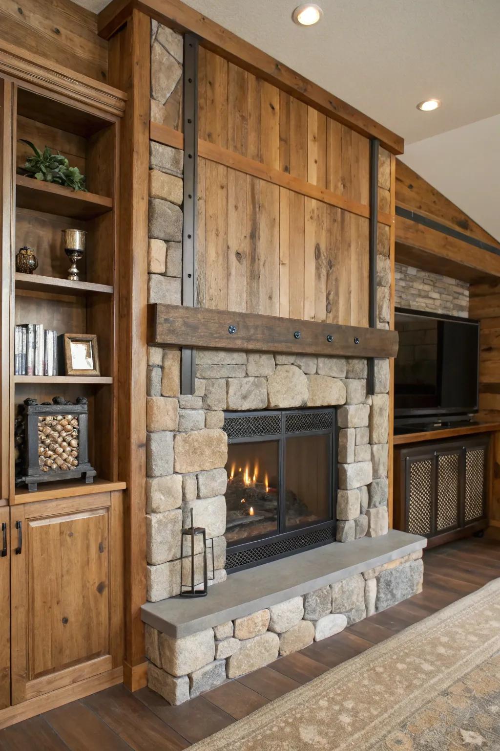 Combining textures adds depth and interest to fireplace built-ins.