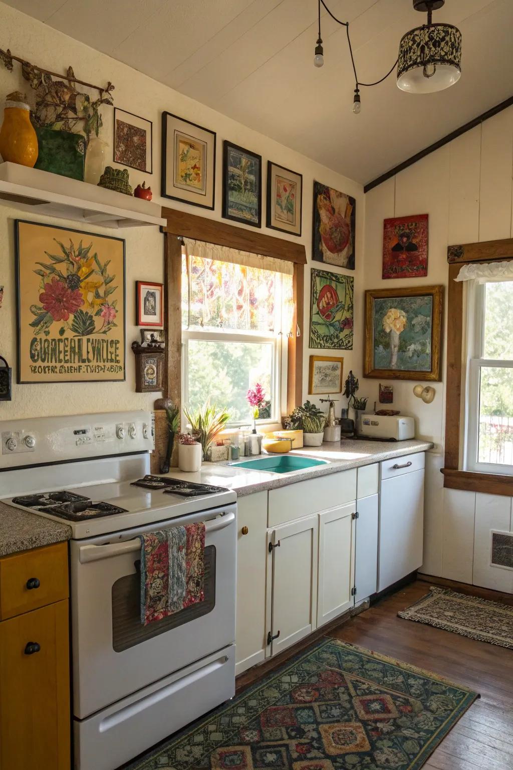 A bungalow kitchen brought to life with the addition of eclectic art.