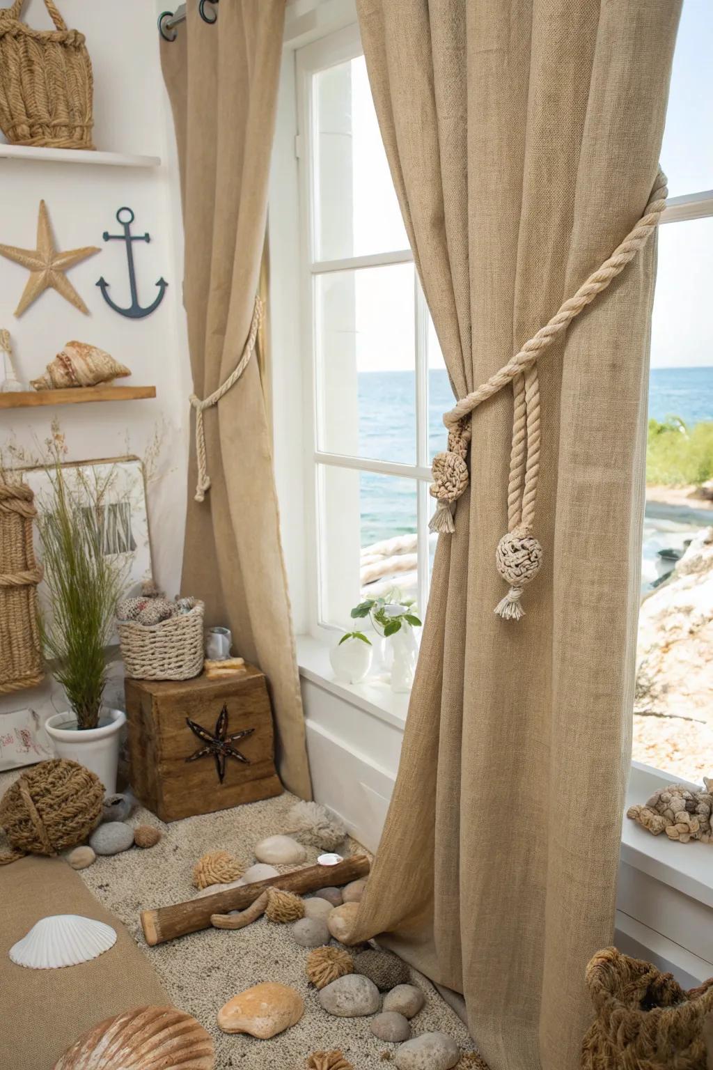 Coastal vibes with nautical accents on burlap curtains.