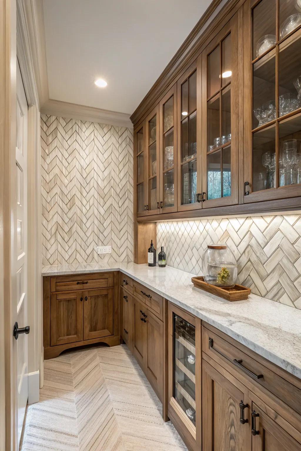 An elegant butler's pantry with a textured herringbone backsplash for added depth.