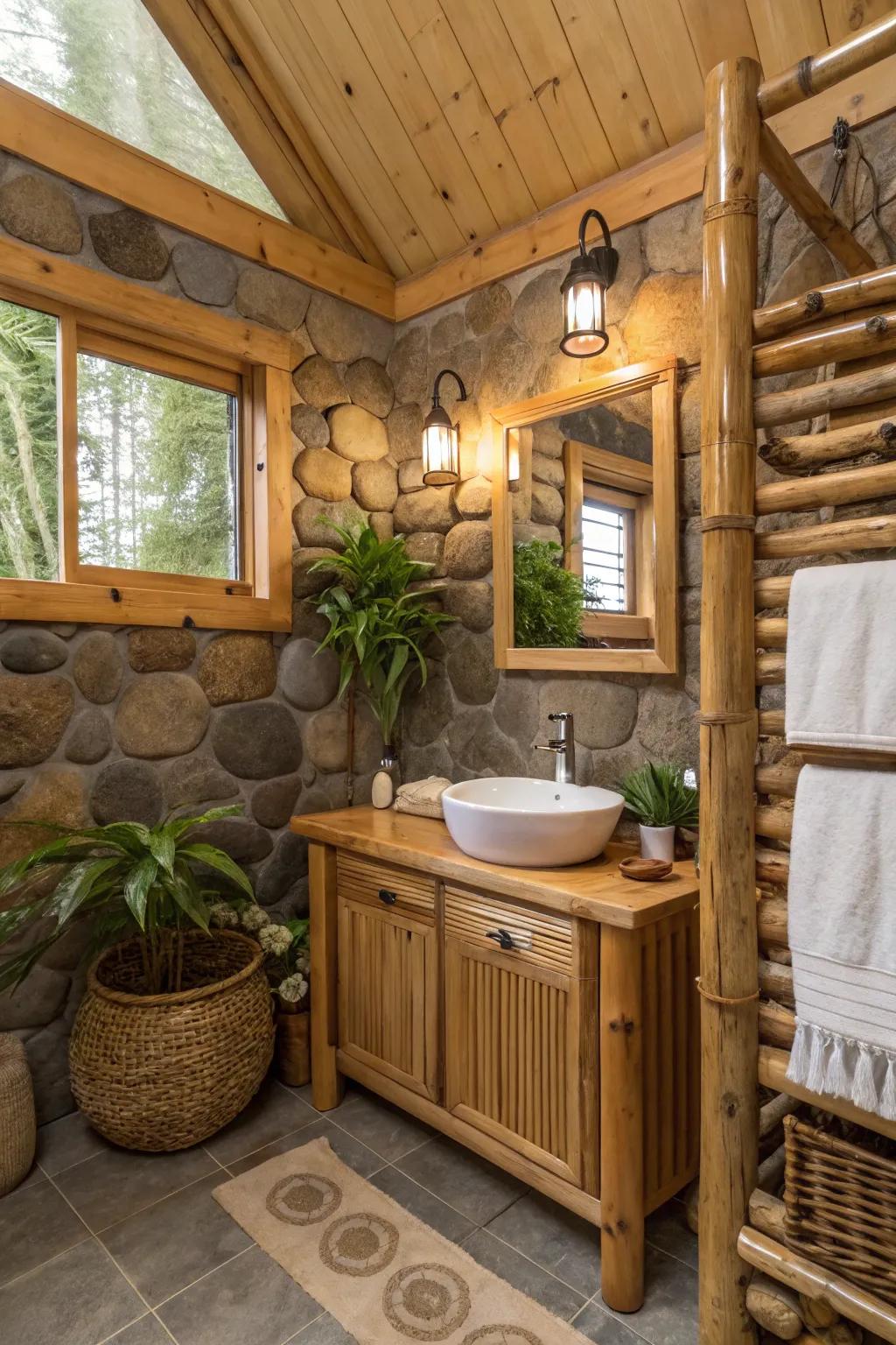 A cabin bathroom with eco-friendly bamboo accents for a natural touch.