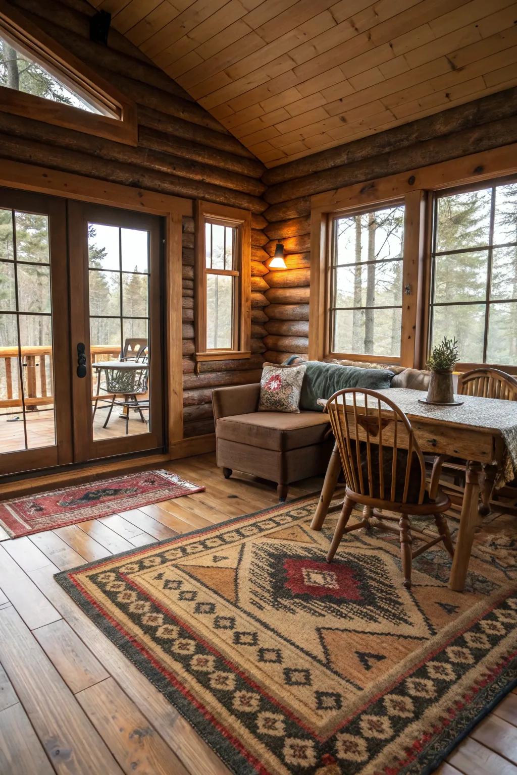 Layered rugs that bring warmth and texture to the cabin floor.