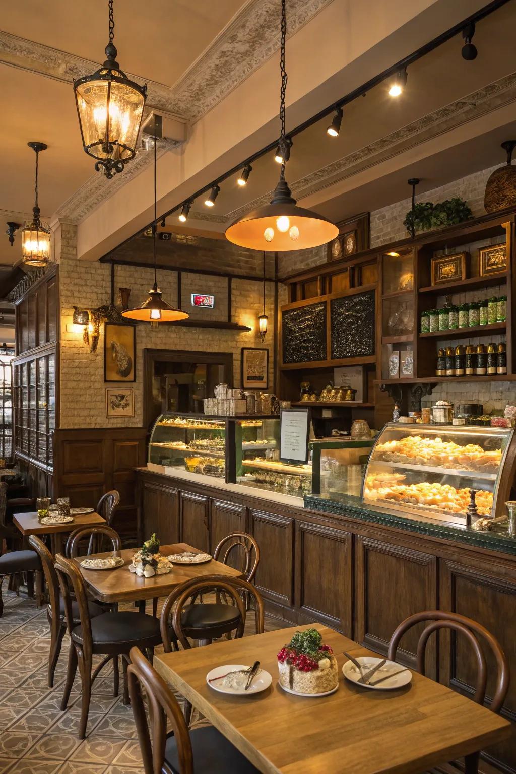 A cafe interior showcasing a well-balanced layered lighting scheme.