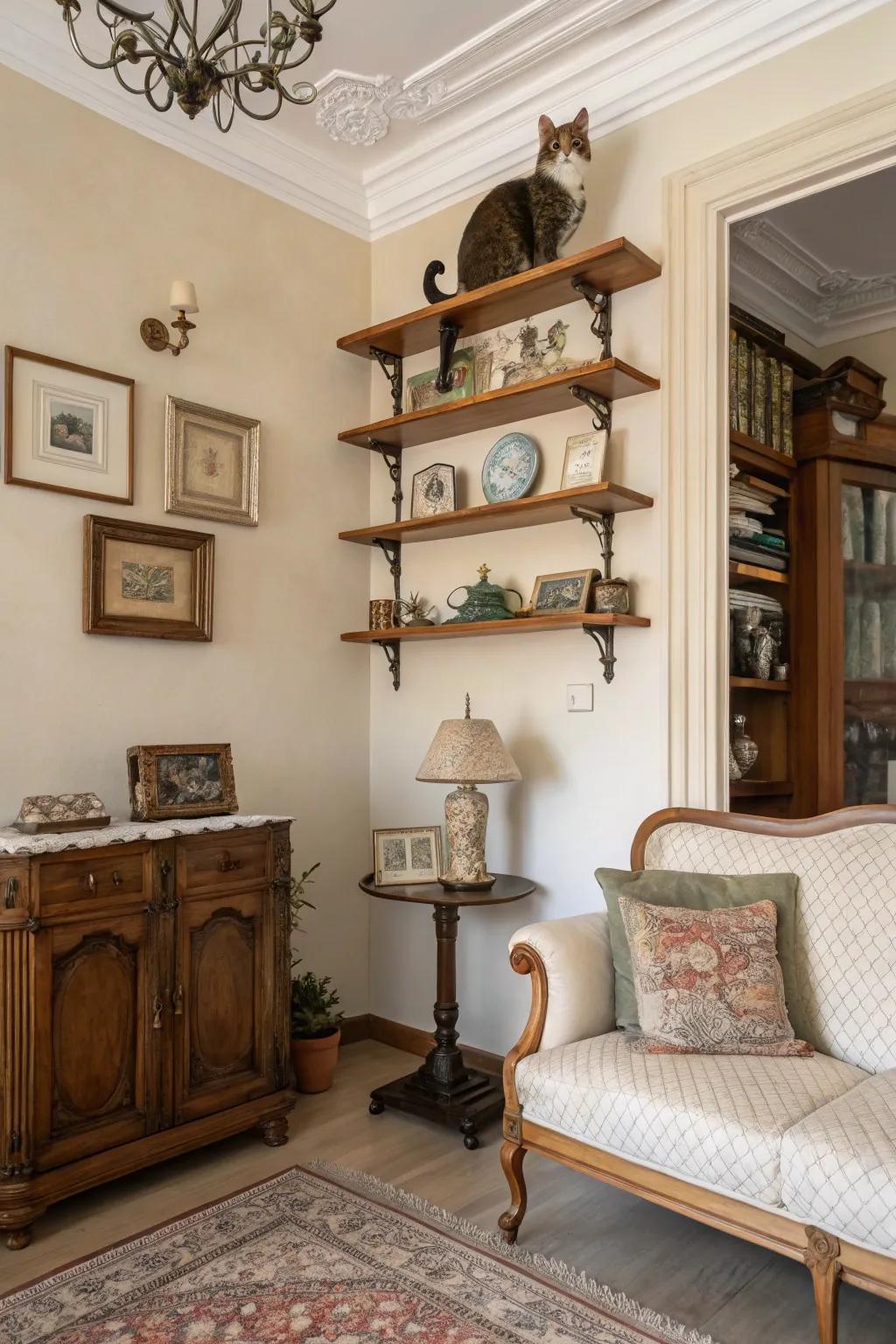 Vintage shelves offer a timeless, chic aesthetic.