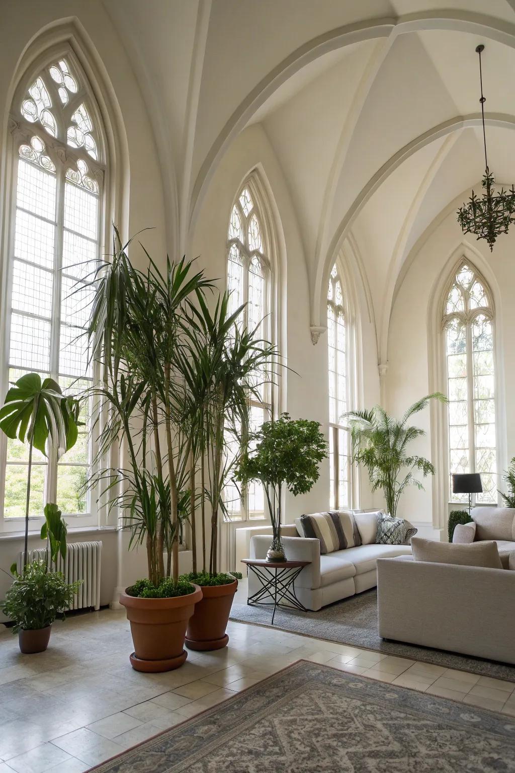 Indoor plants enhance the natural feel of the space.