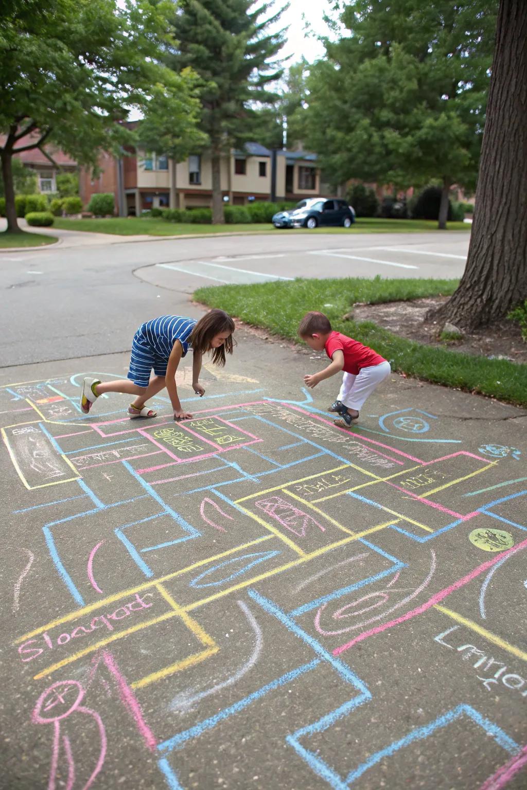 An intricate chalk maze providing a fun challenge for kids.