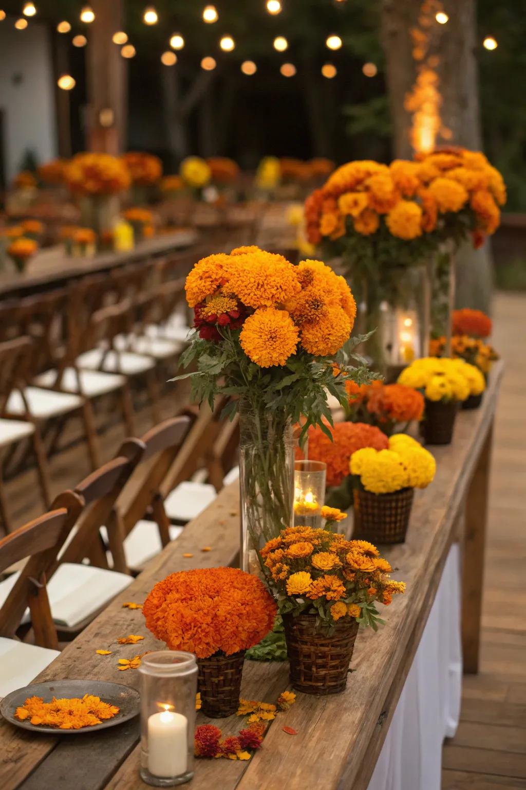 Marigolds adding warmth and affordability to wedding decor.