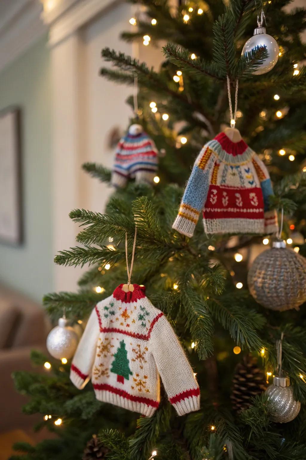 Knit sweater ornaments creating a cozy feel.