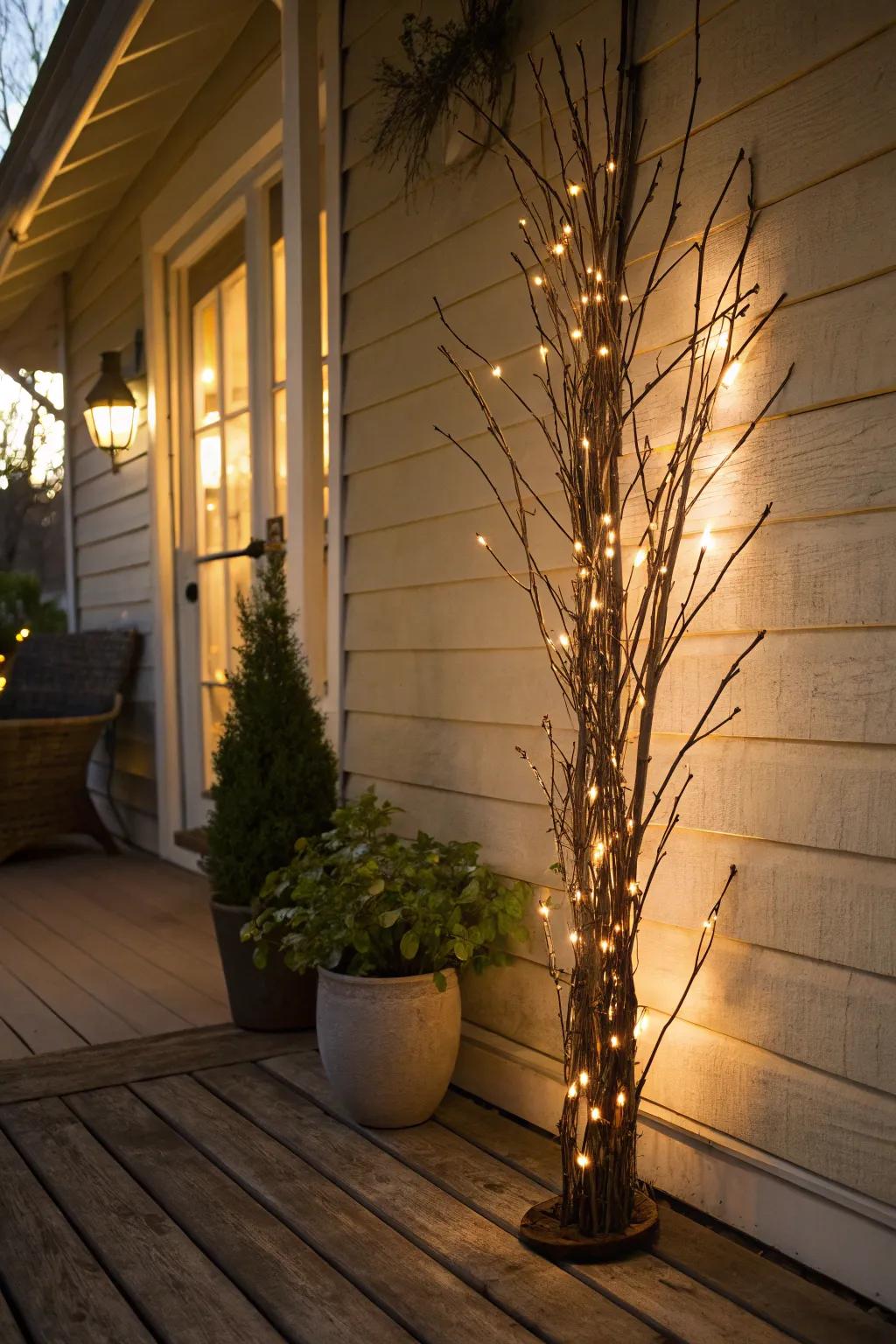 Lighted branches create a simple yet striking porch decoration.
