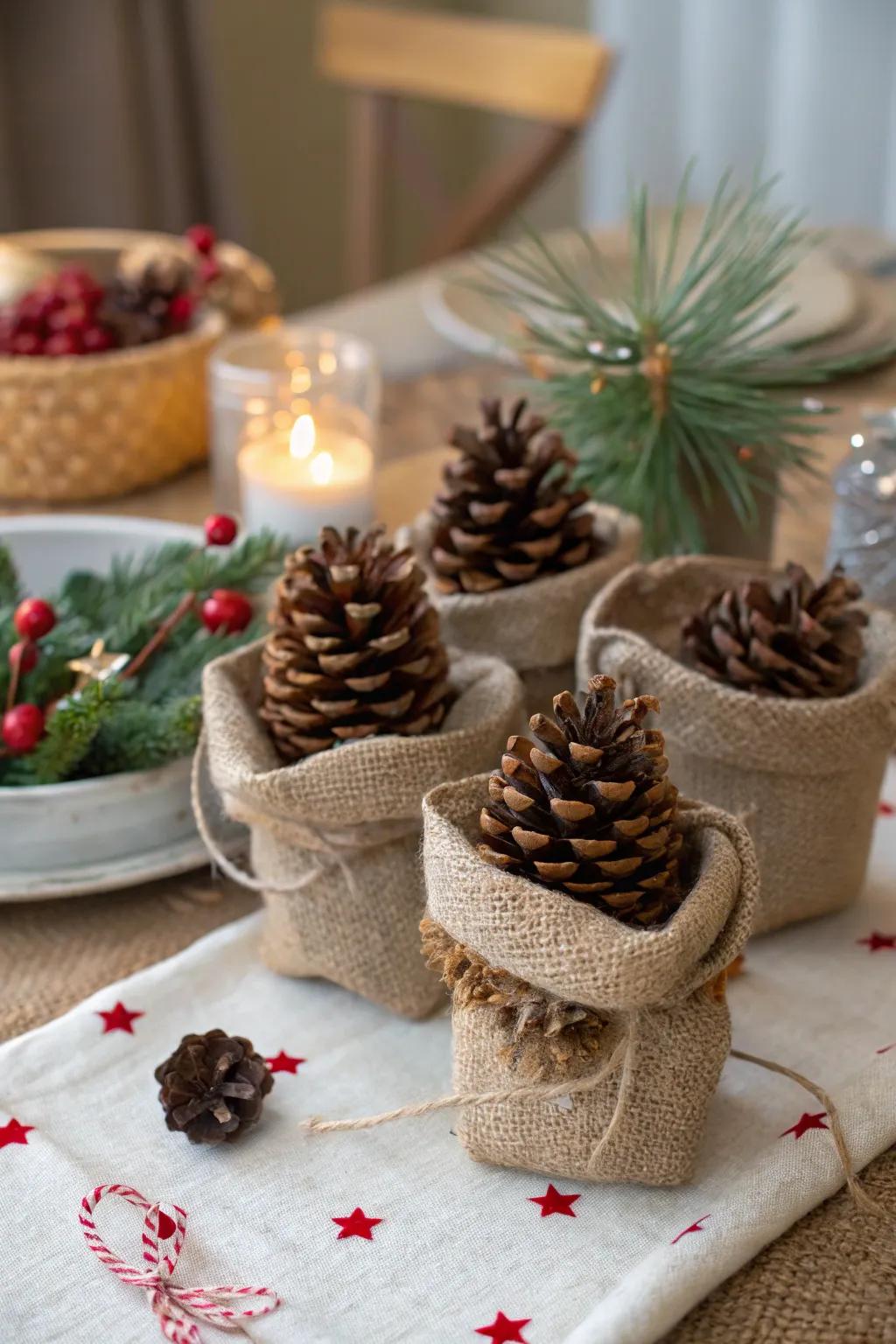 Scented pine cones offer a rustic and fragrant favor.