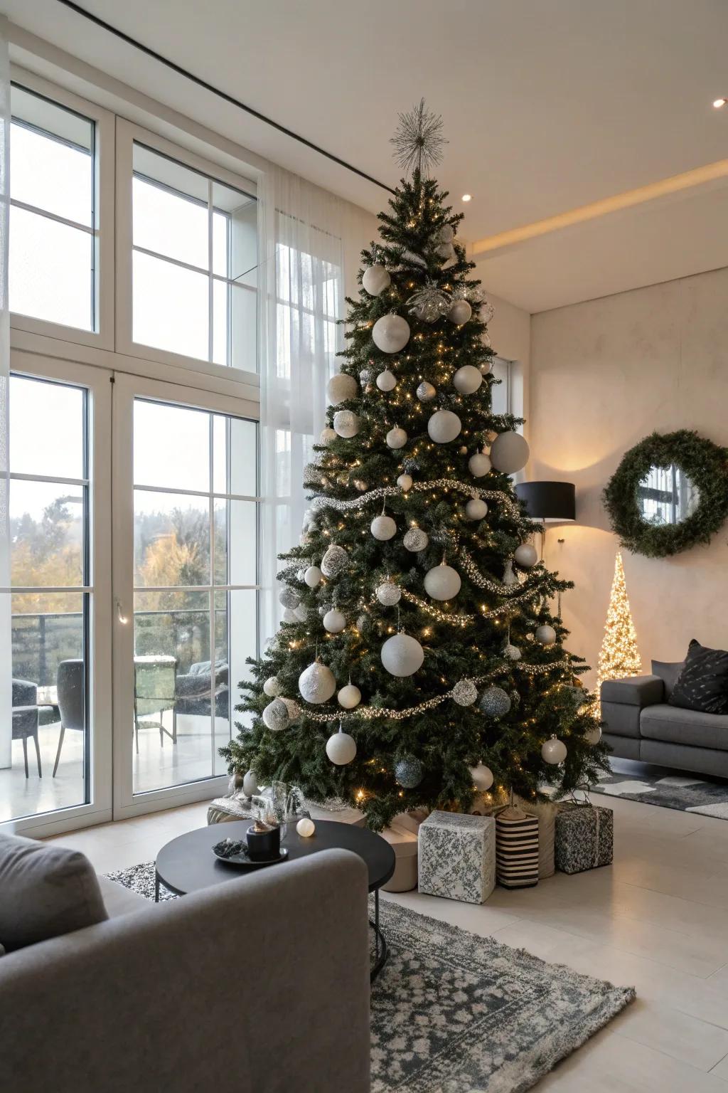 A chic black and white Christmas tree for a modern touch.
