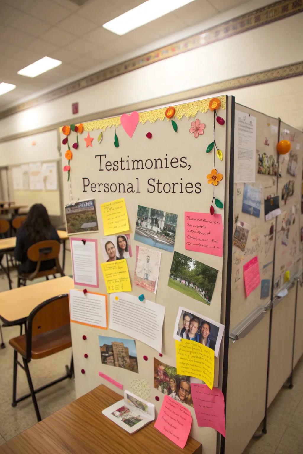 A bulletin board highlighting personal testimonies from the community.