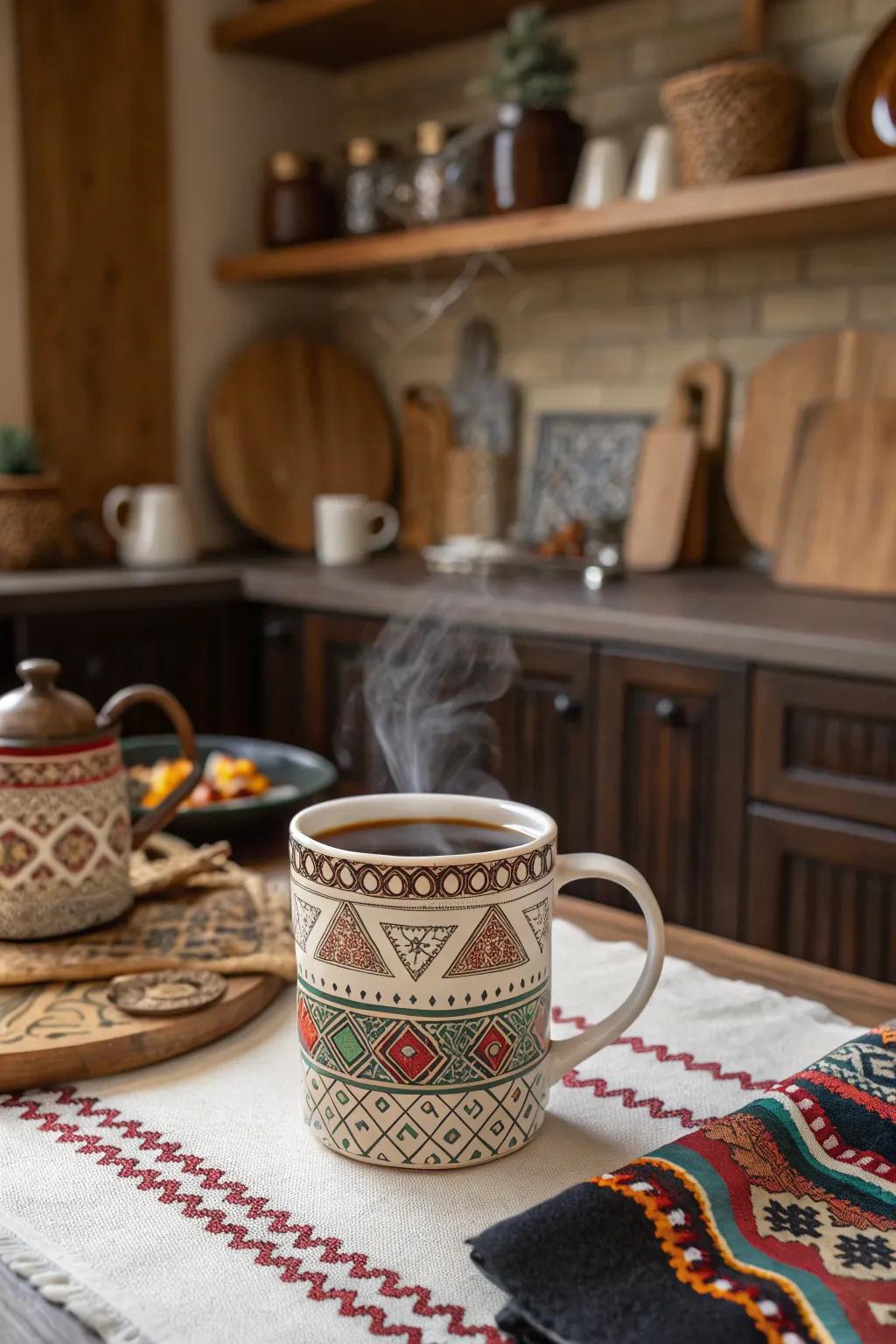 Cultural patterns offer a global touch to your mug collection.