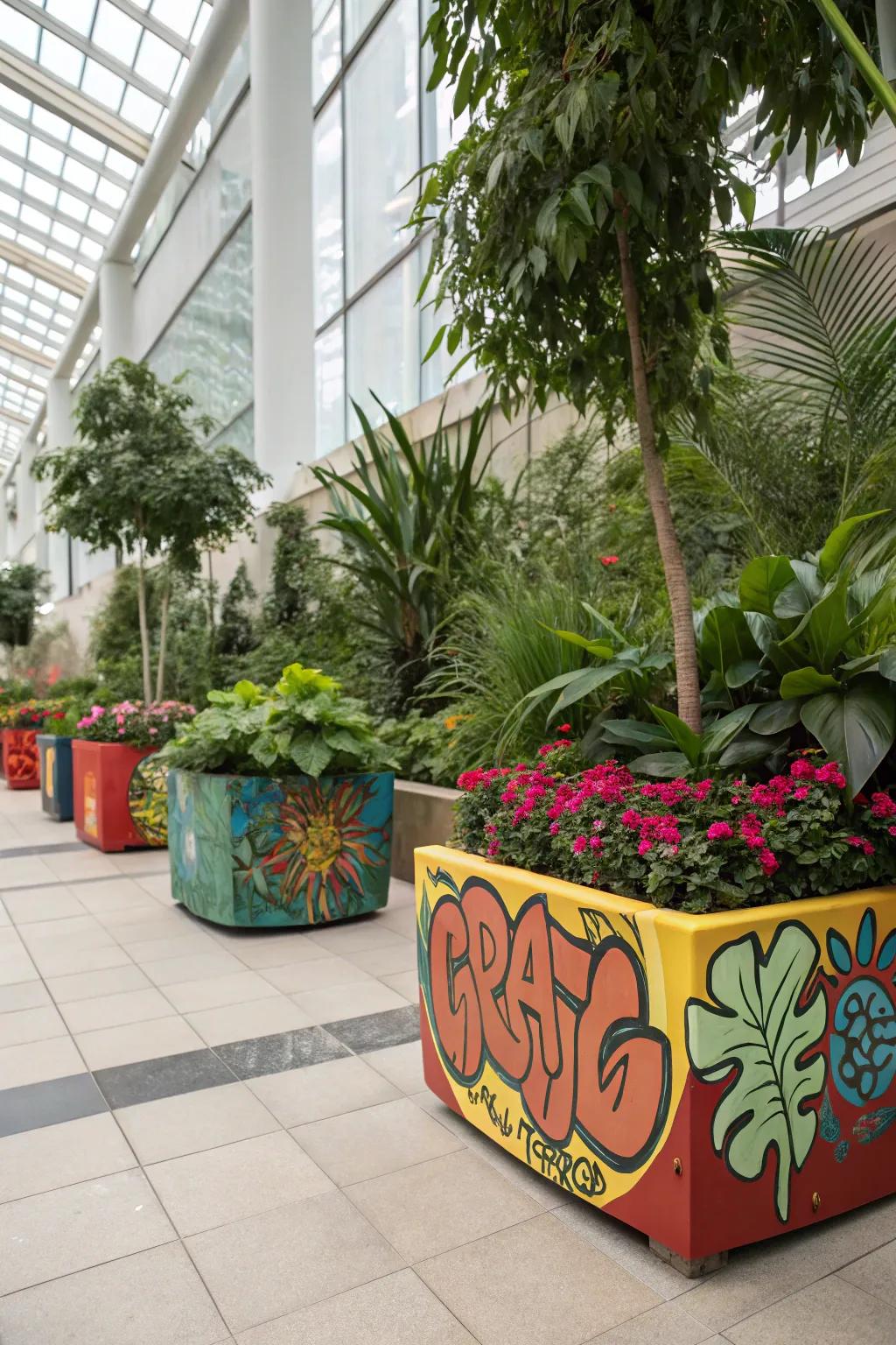 An indoor garden space with graffiti-decorated planters.