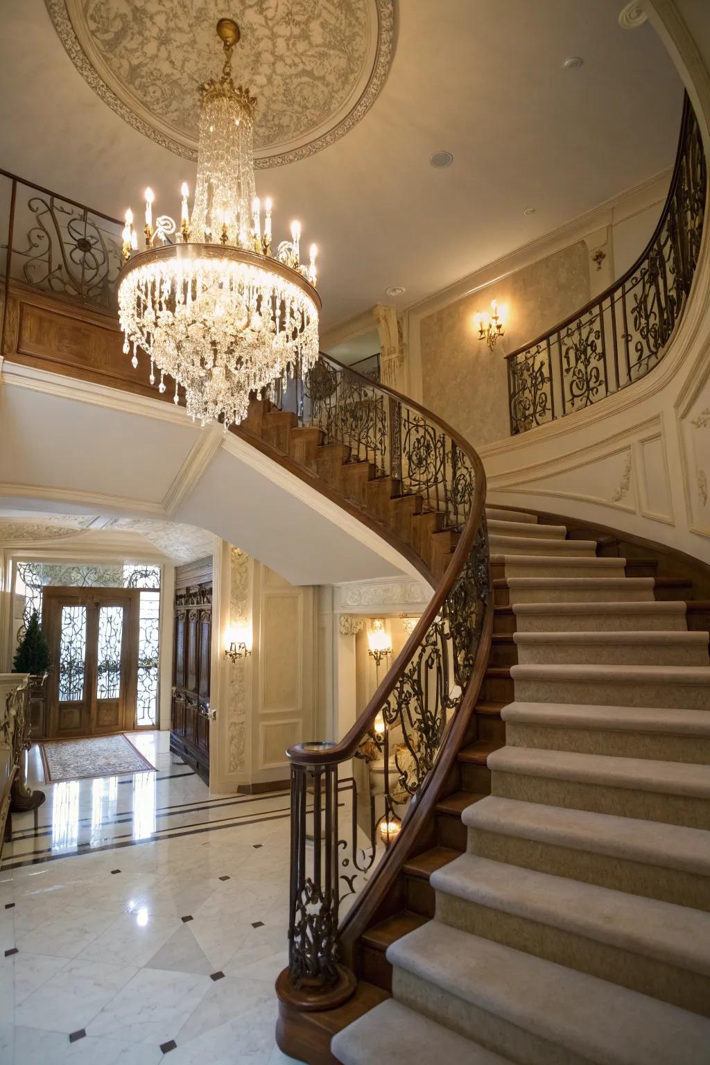 Decorative lighting elevates the staircase as a centerpiece.