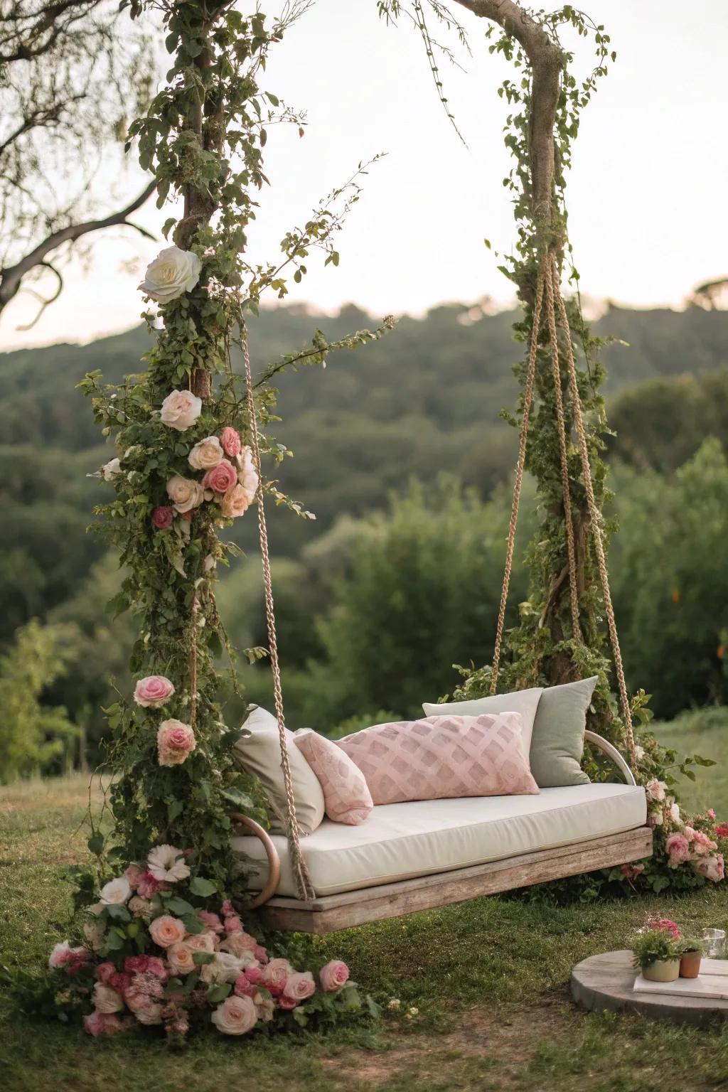 A whimsical cushioned swing wrapped in vines at a country wedding.