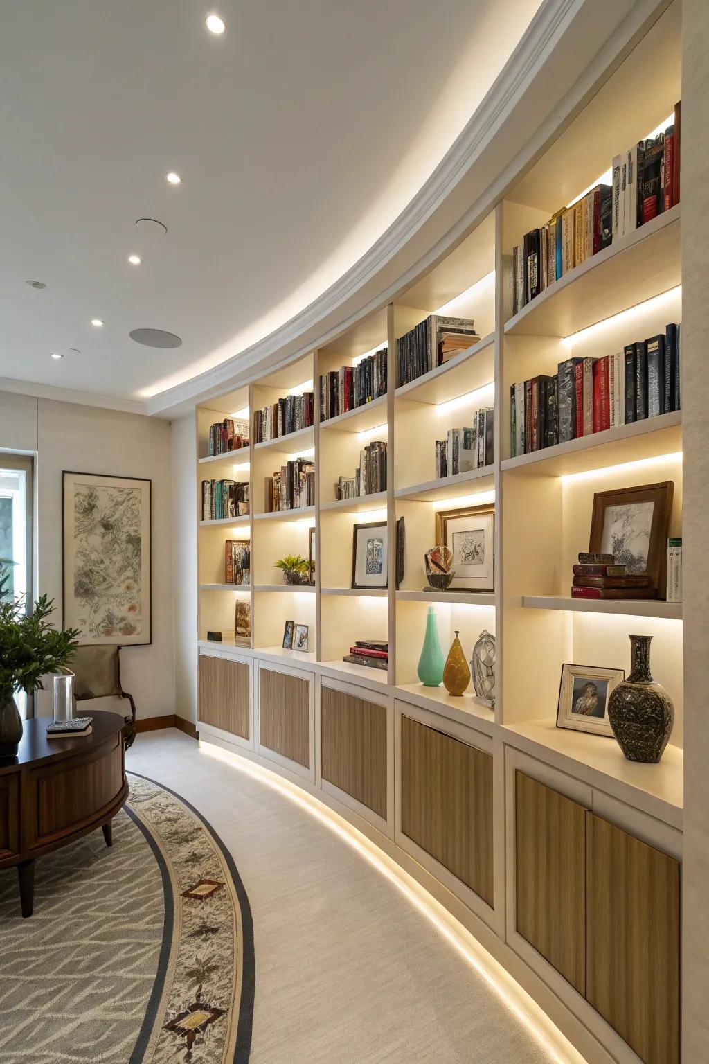 Curved bookshelves add elegance and soften the lines of your decor.