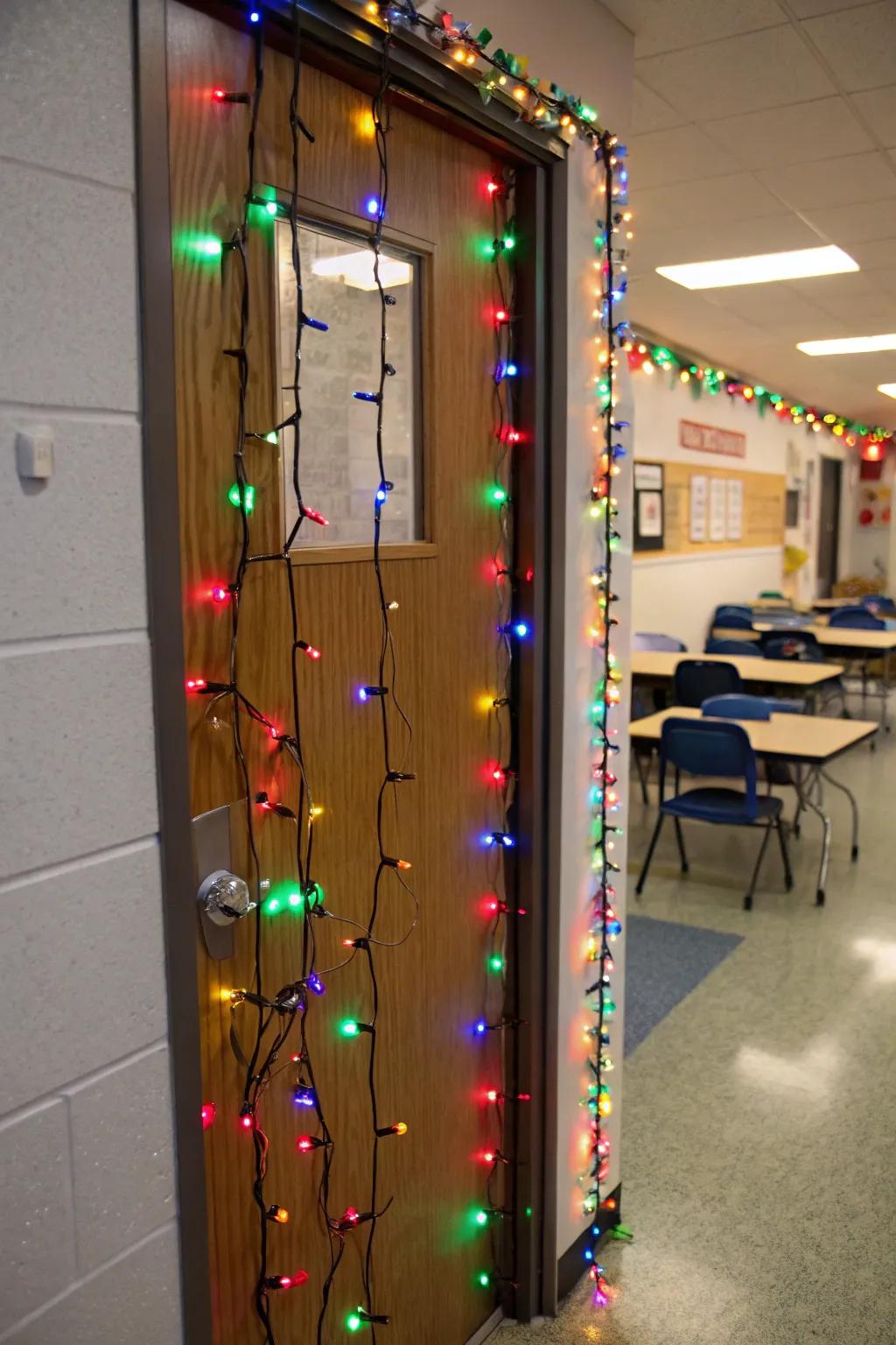 A classroom door dazzling with colorful holiday lights, spreading festive cheer.