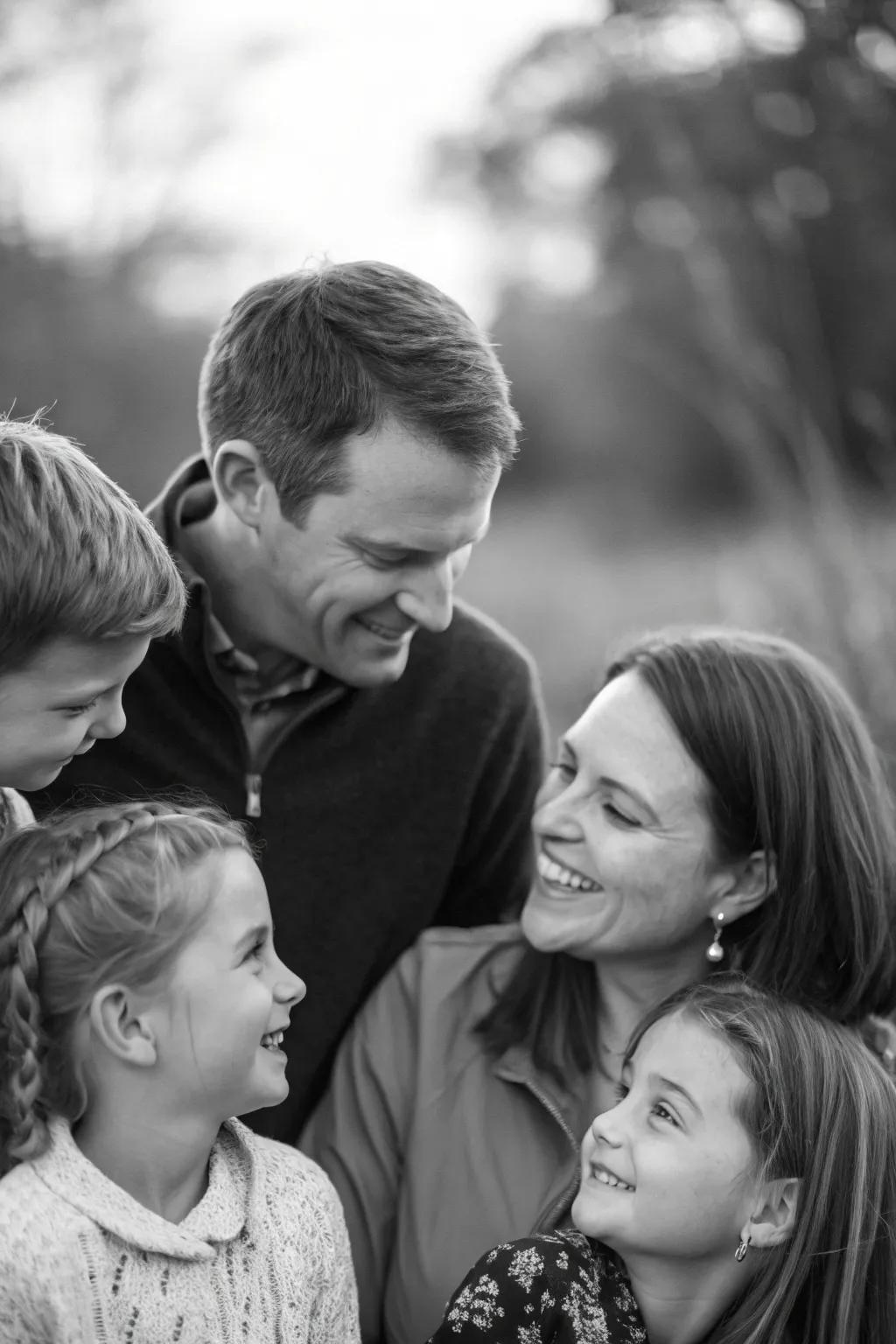 Black and white photography adds an elegant and timeless touch to family portraits.