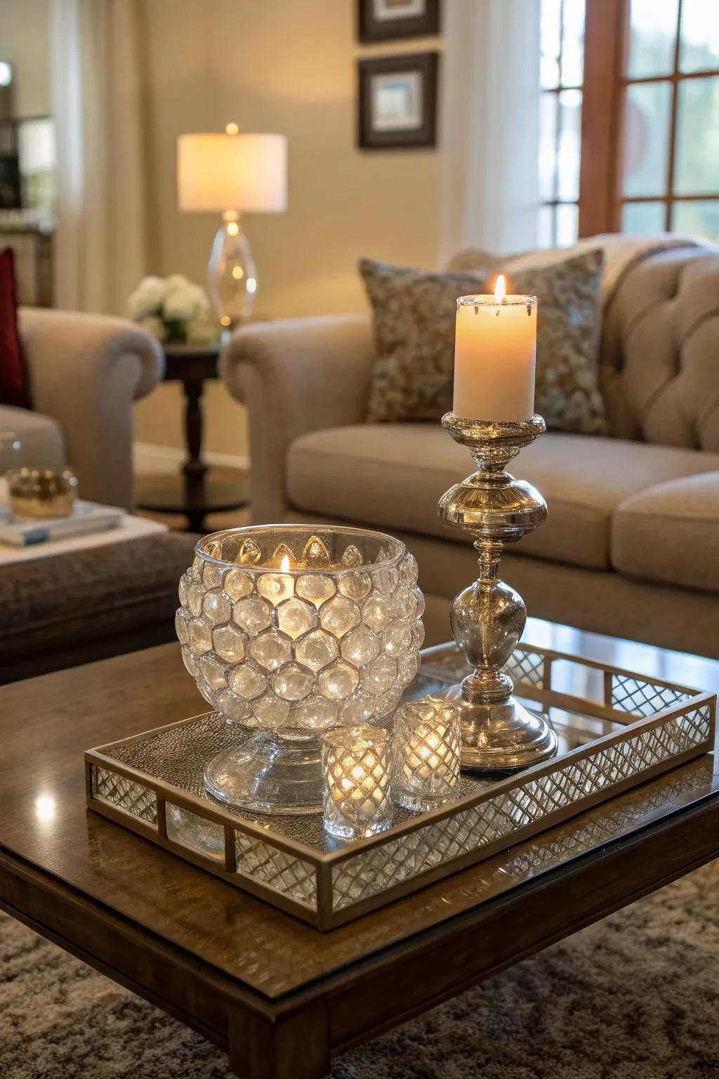 A bold crystal centerpiece on a coffee table.