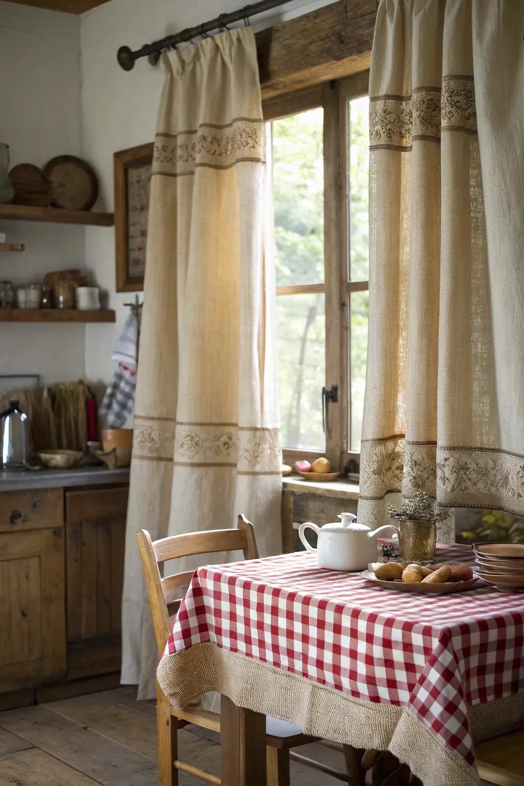 Rustic kitchen curtains with textured burlap trims.