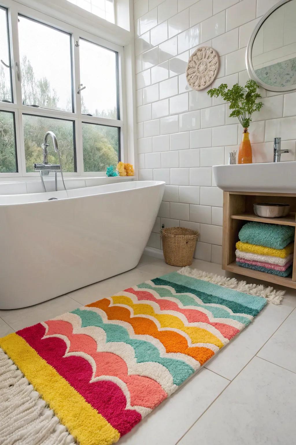 A colorful bath mat lifts the mood and adds vibrancy to your bathroom.