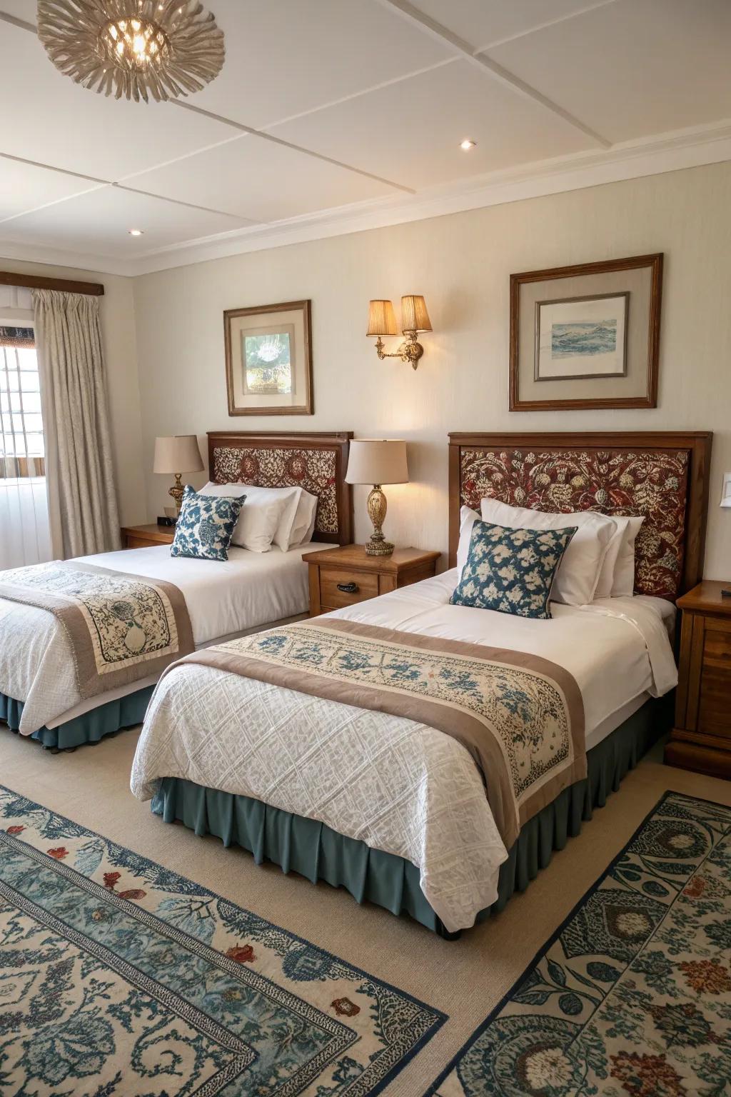 Symmetrical twin beds create a balanced and elegant look.