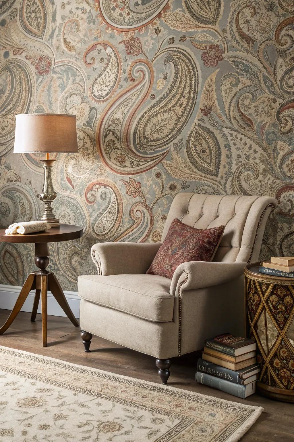 A reading corner with paisley pattern wallpaper, offering elegance and comfort.