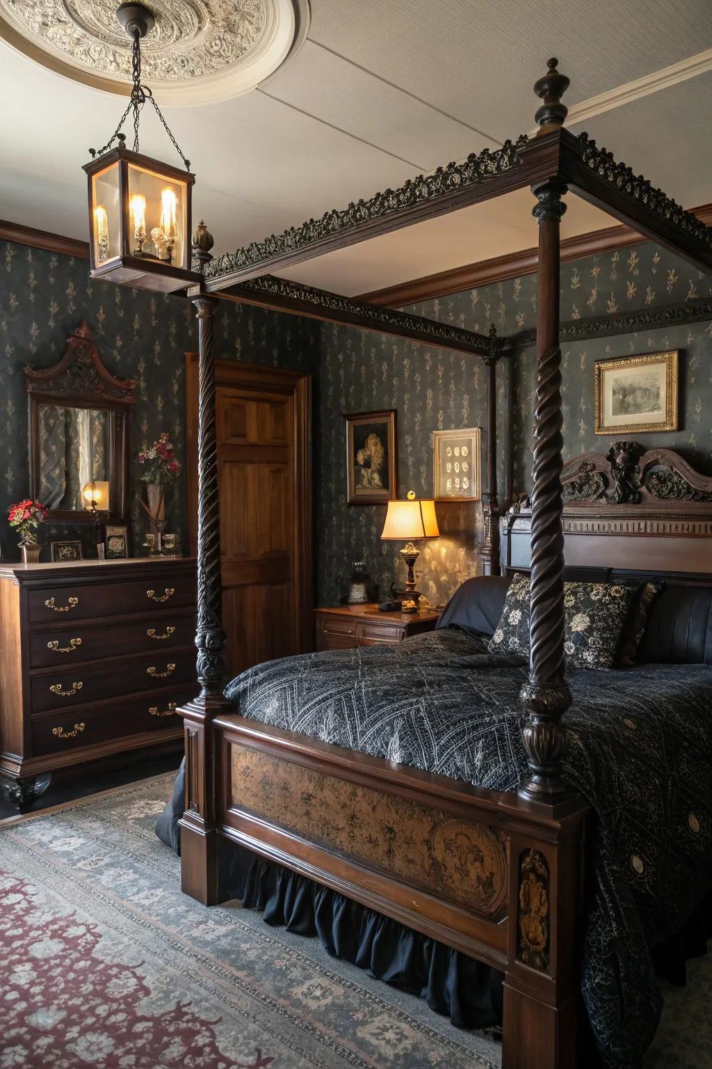 Dark themed bedding with intricate patterns ties together the vintage aesthetic.