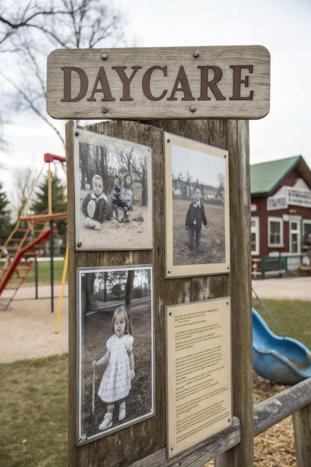 Memory lane signage at the daycare offers a nostalgic journey through history.