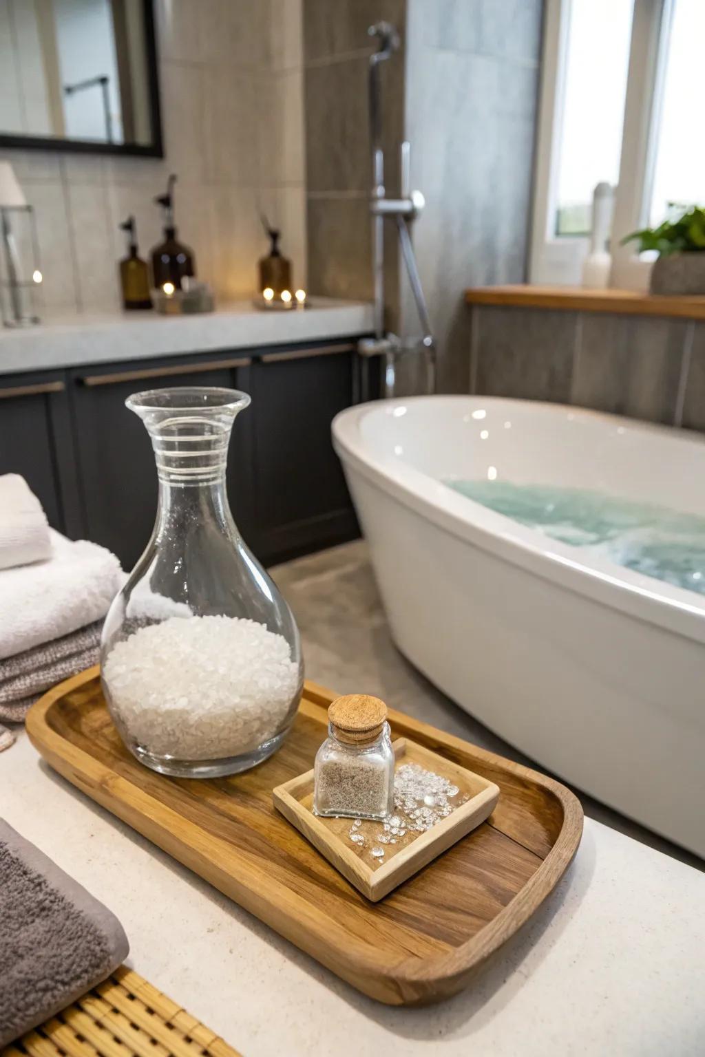 A bathroom featuring a decanter as a stylish bath salt holder.