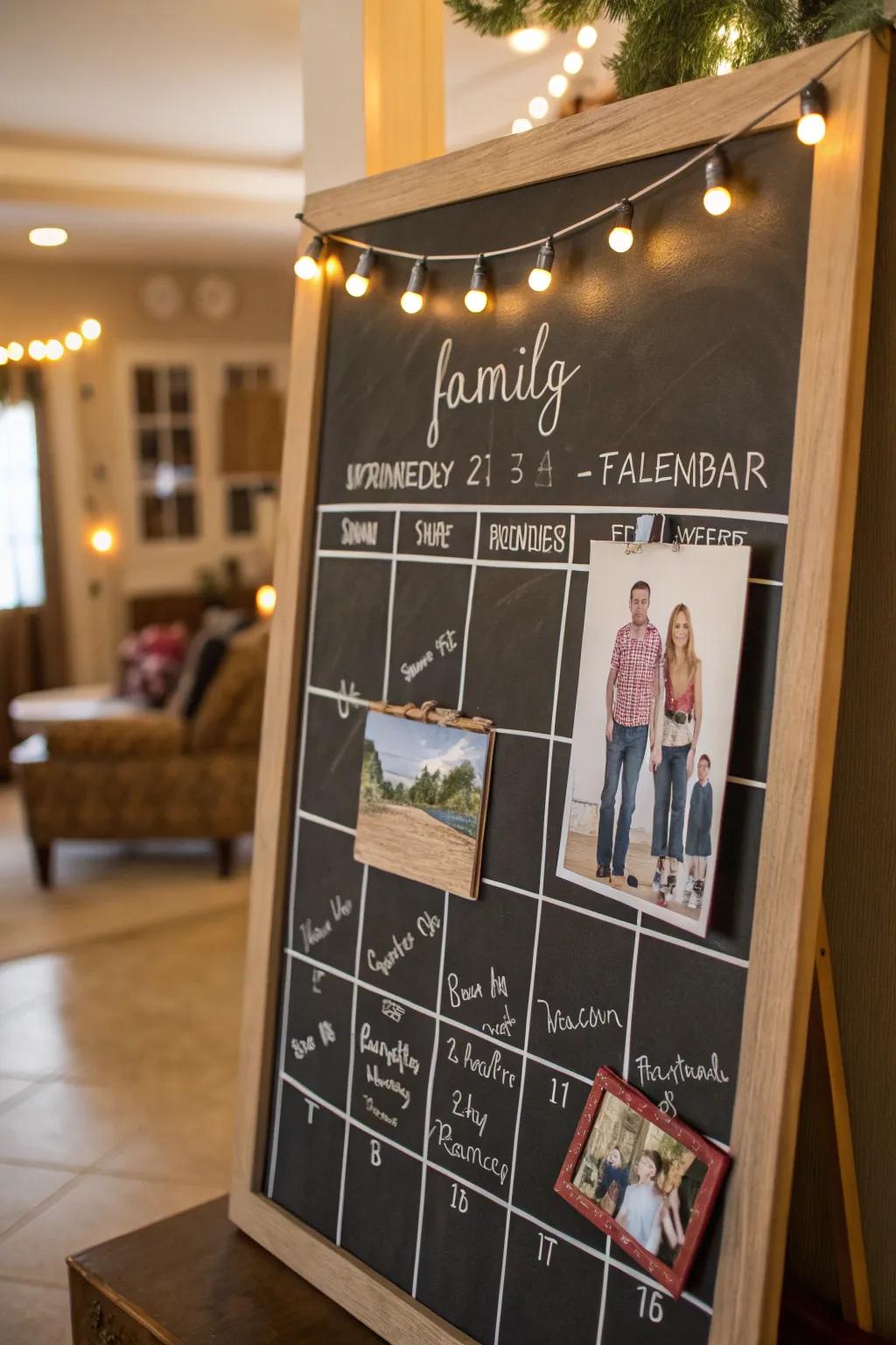 A personalized chalkboard calendar featuring family photo highlights.