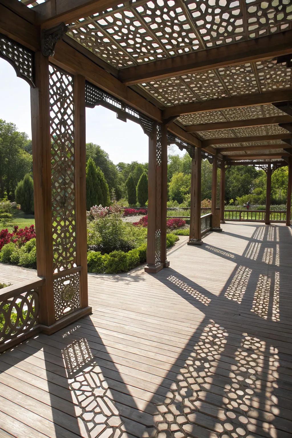 A pergola with geometric designs, adding a modern touch to a deck.