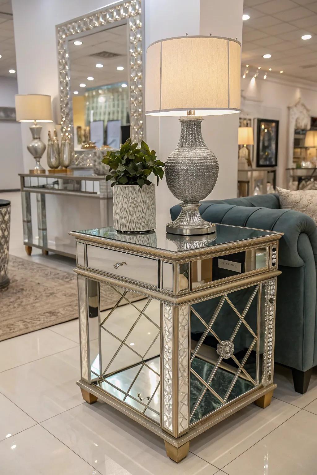 Mirrored furniture adds a sophisticated and glamorous touch.