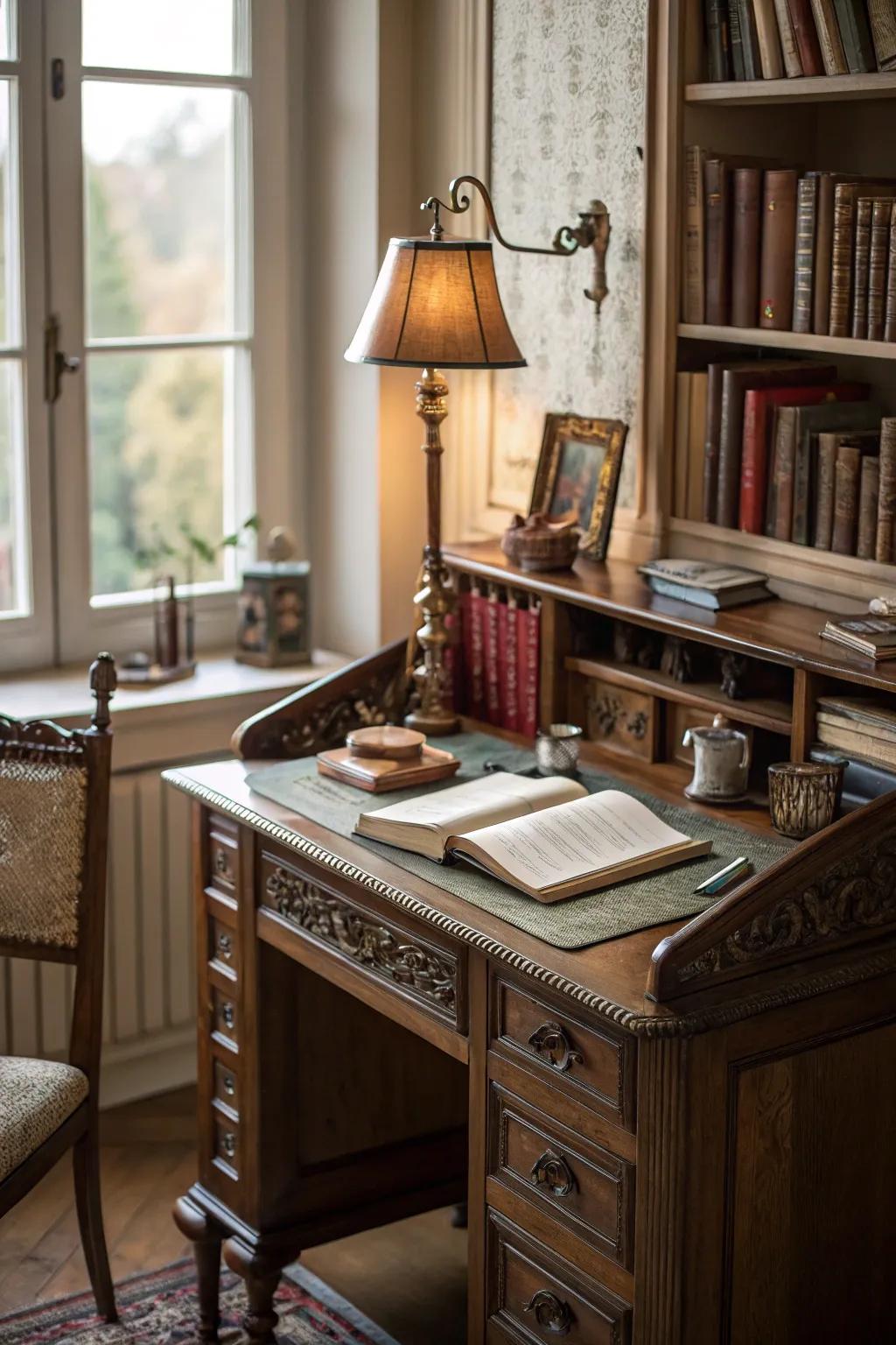 Vintage desks add charm and character to small spaces.