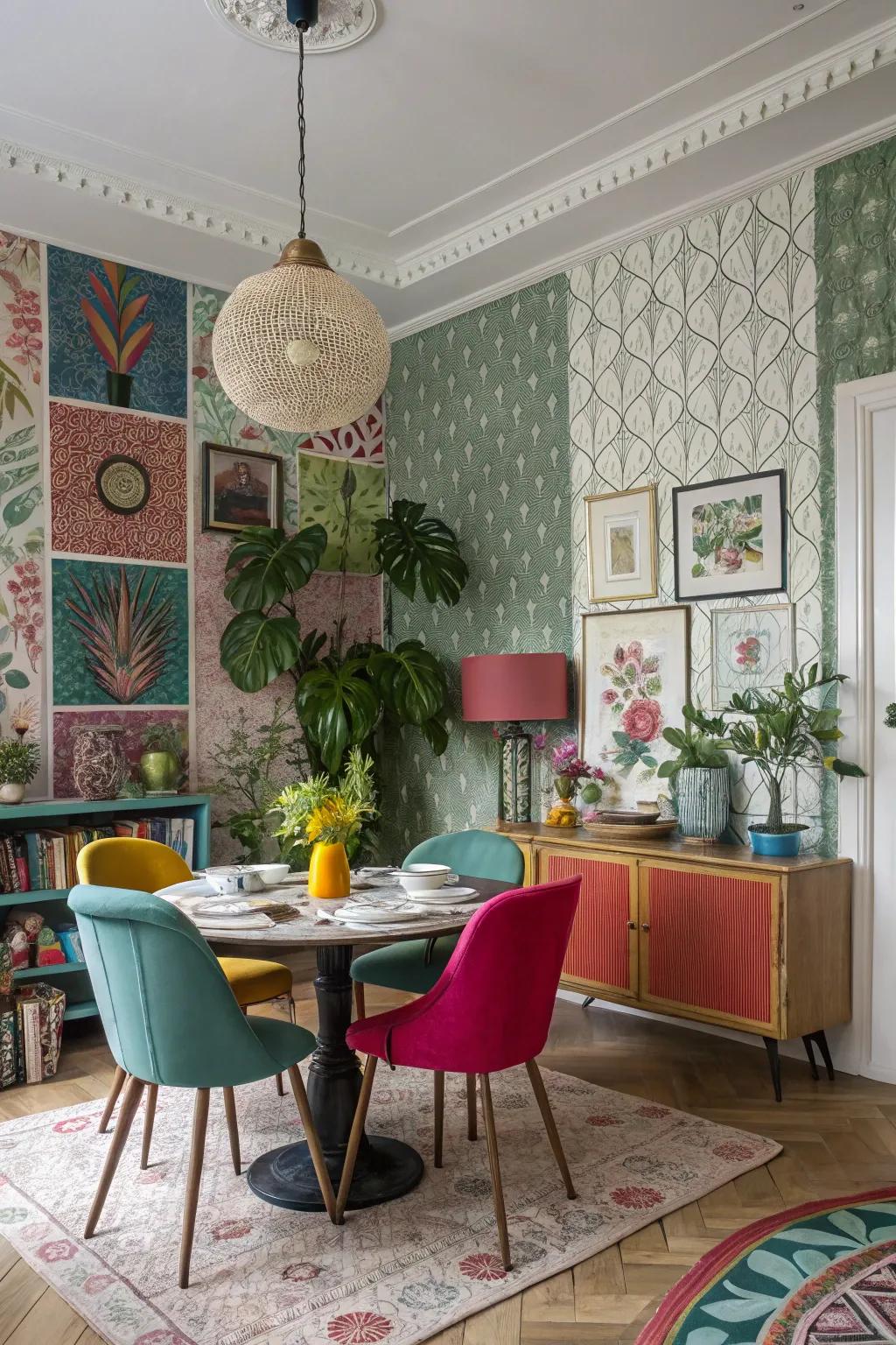 An eclectic mix of wallpapers creates a dynamic and visually interesting dining space.