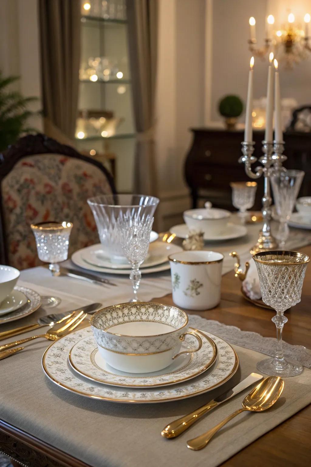 A dining table with elegant serveware displayed as decor.