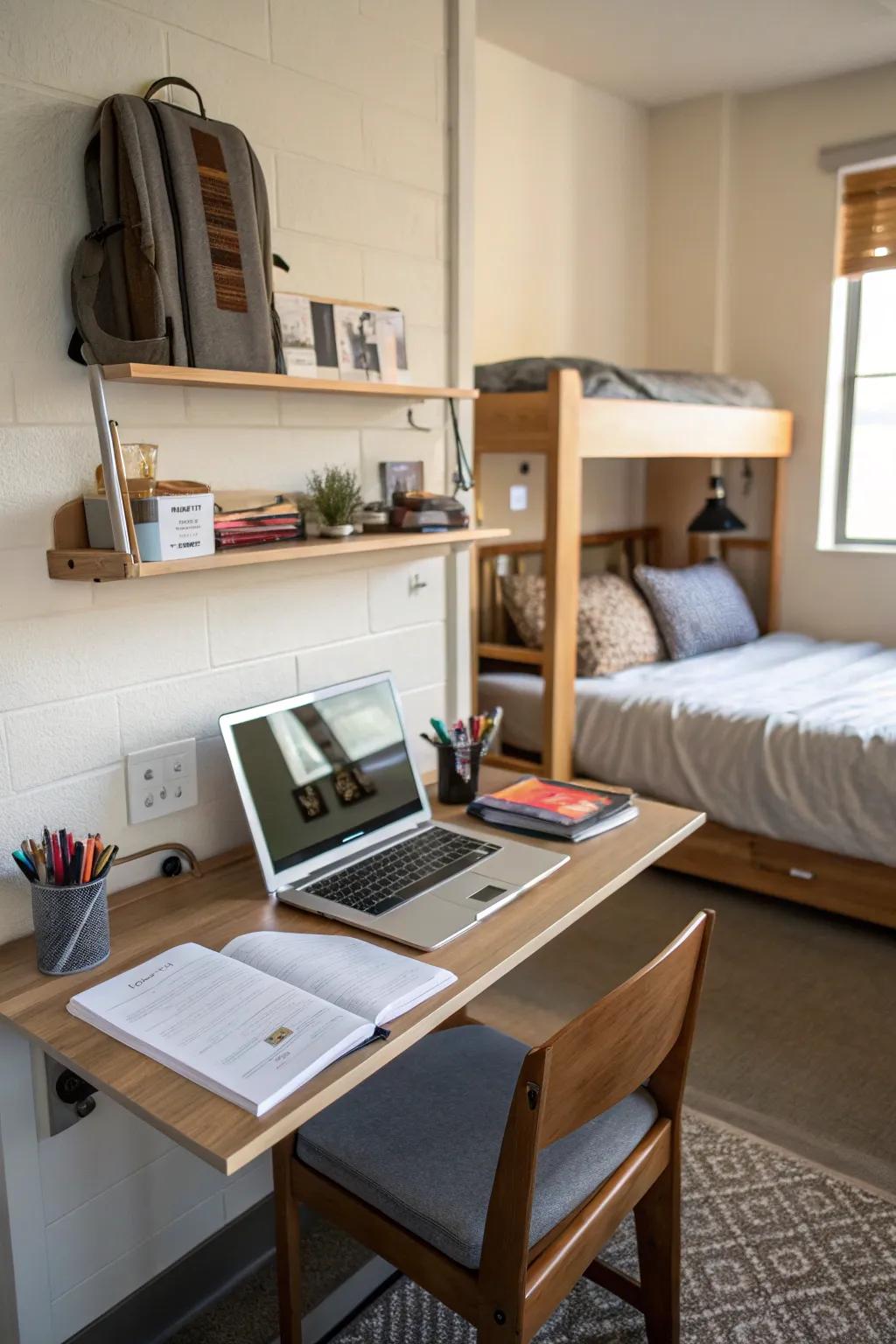 A wall-mounted desk offers a space-saving workspace solution.