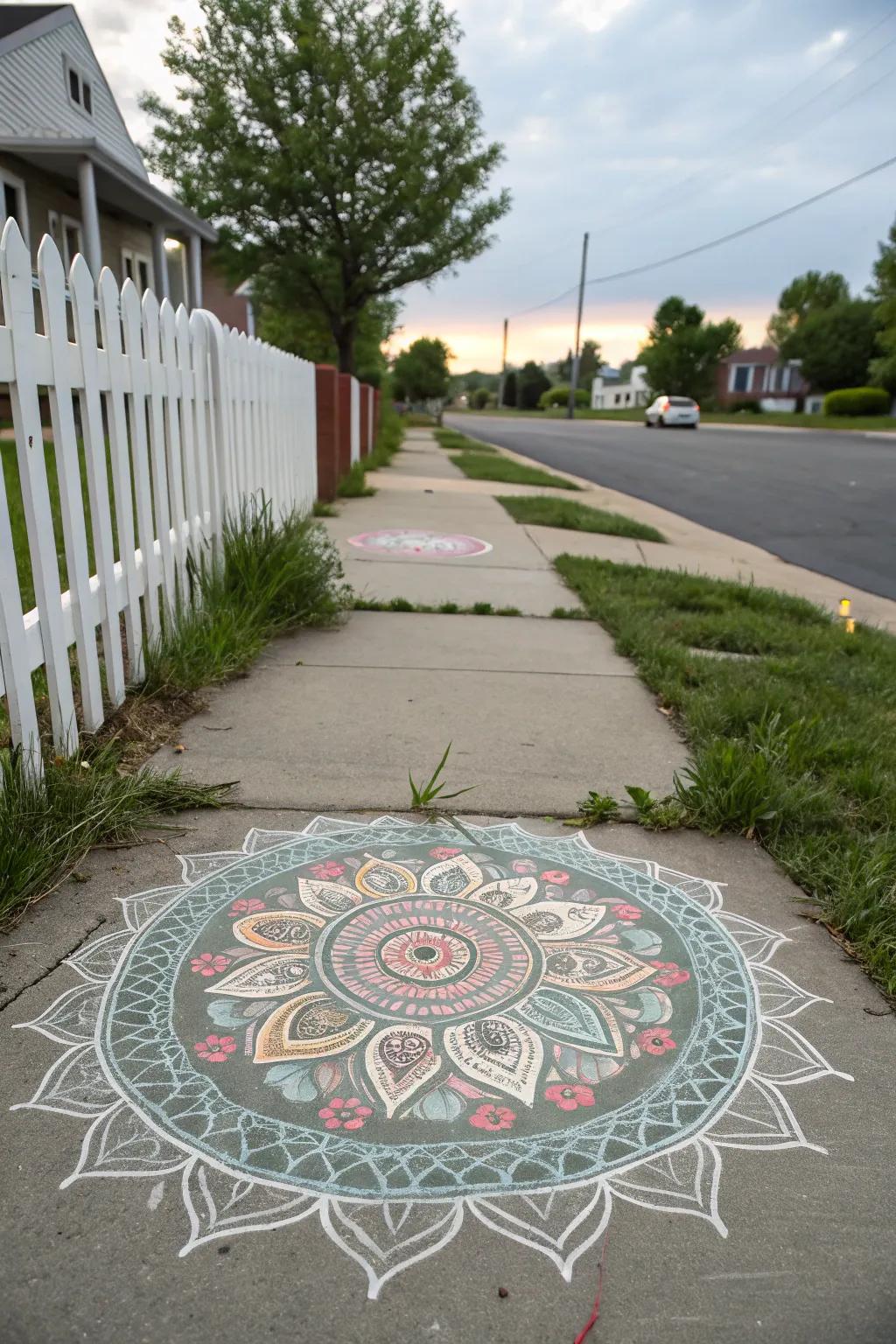 An intricate mandala design adds harmony to the sidewalk.