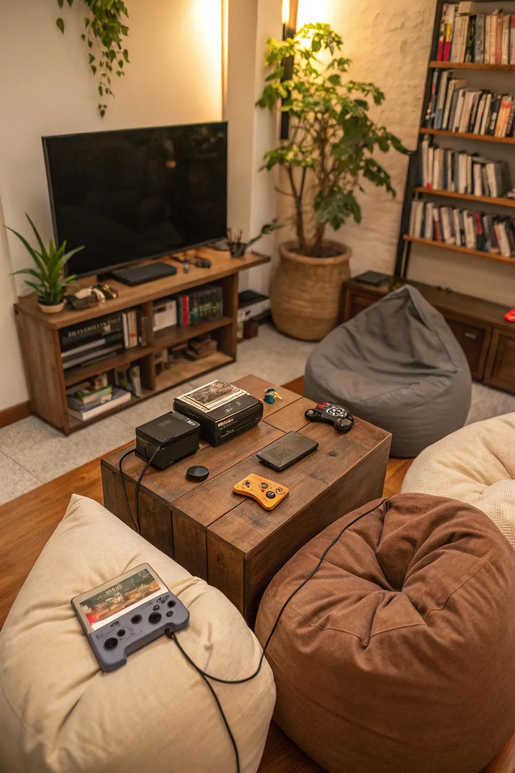 A gaming nook with bean bags offers casual comfort.